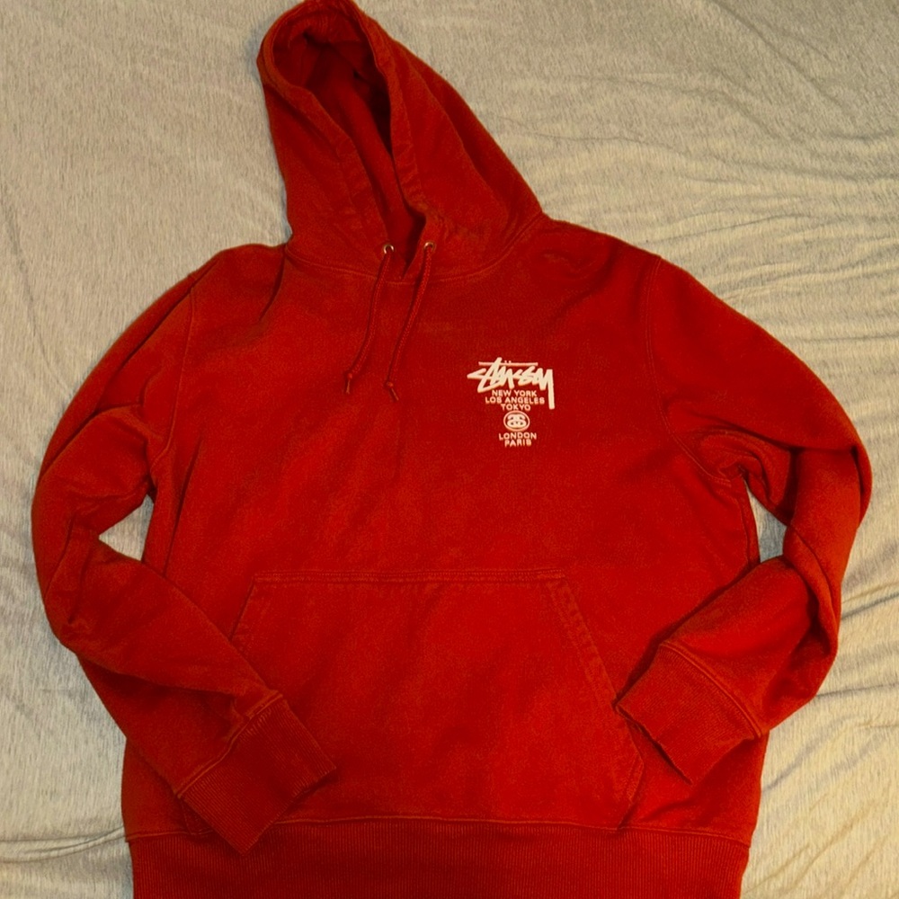 Stussy Longhorn Orange Pullover Hoodie with White Logo